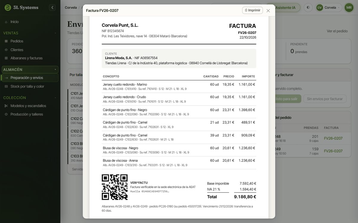 Factura de la demo que agrupa los dos albaranes del pedido, con la razón social y el NIF del cliente, el IVA, el vencimiento y el código QR de VeriFactu