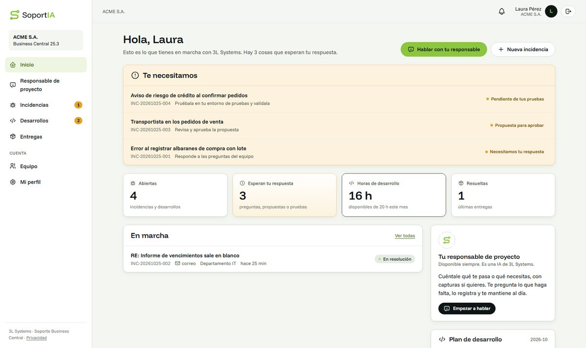 Pantalla de inicio del portal de SoportIA con lo que espera la respuesta del cliente, las incidencias y desarrollos abiertos, las horas de desarrollo disponibles del mes y el acceso al responsable de proyecto.