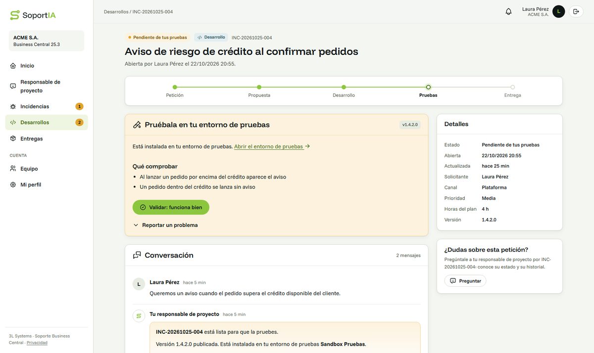 Desarrollo pendiente de pruebas en SoportIA: la versión 1.4.2.0 instalada en el entorno de pruebas, lo que hay que comprobar y el botón para validarla.