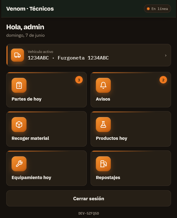 Inicio de la app de Venom con la agenda de servicios del técnico