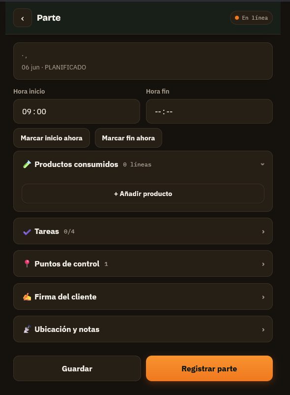 Parte de servicio en la app de Venom con productos, puntos de control y firma