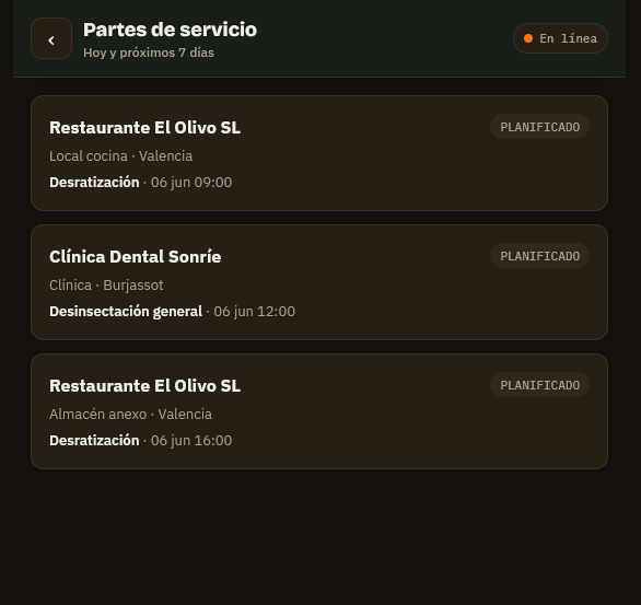 Listado de partes de trabajo en la app de Venom