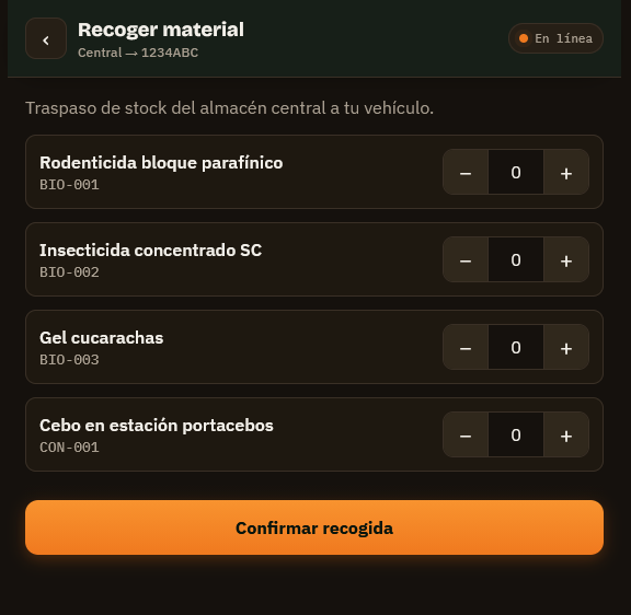 Pantalla de recogida de material en la app de Venom, furgoneta como almacén