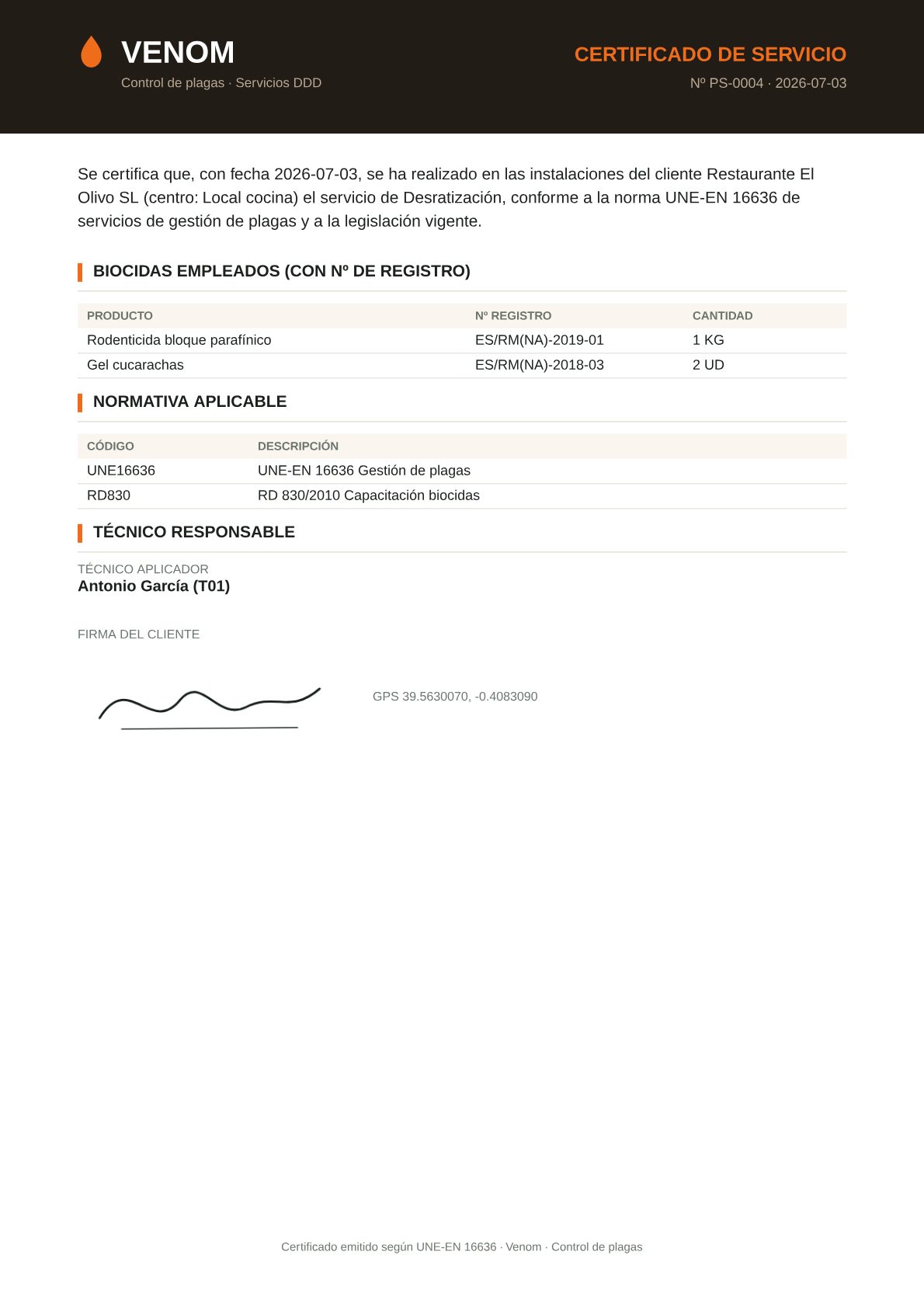 Certificado de servicio en PDF generado por Venom conforme a la norma UNE-EN 16636, con los biocidas empleados y sus números de registro, la normativa aplicable y el técnico responsable.