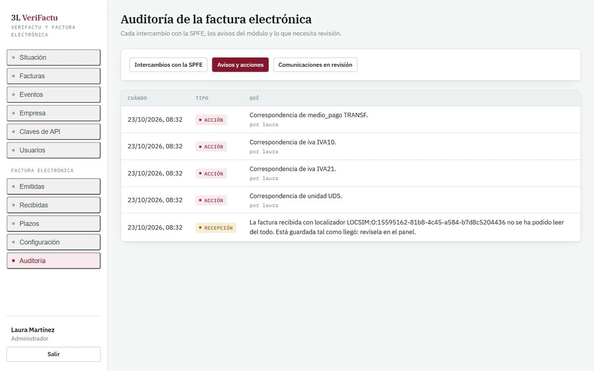 Avisos del módulo y acciones hechas desde el panel: cambios de configuración con el usuario que los hizo y el aviso de una factura recibida que no se pudo leer.