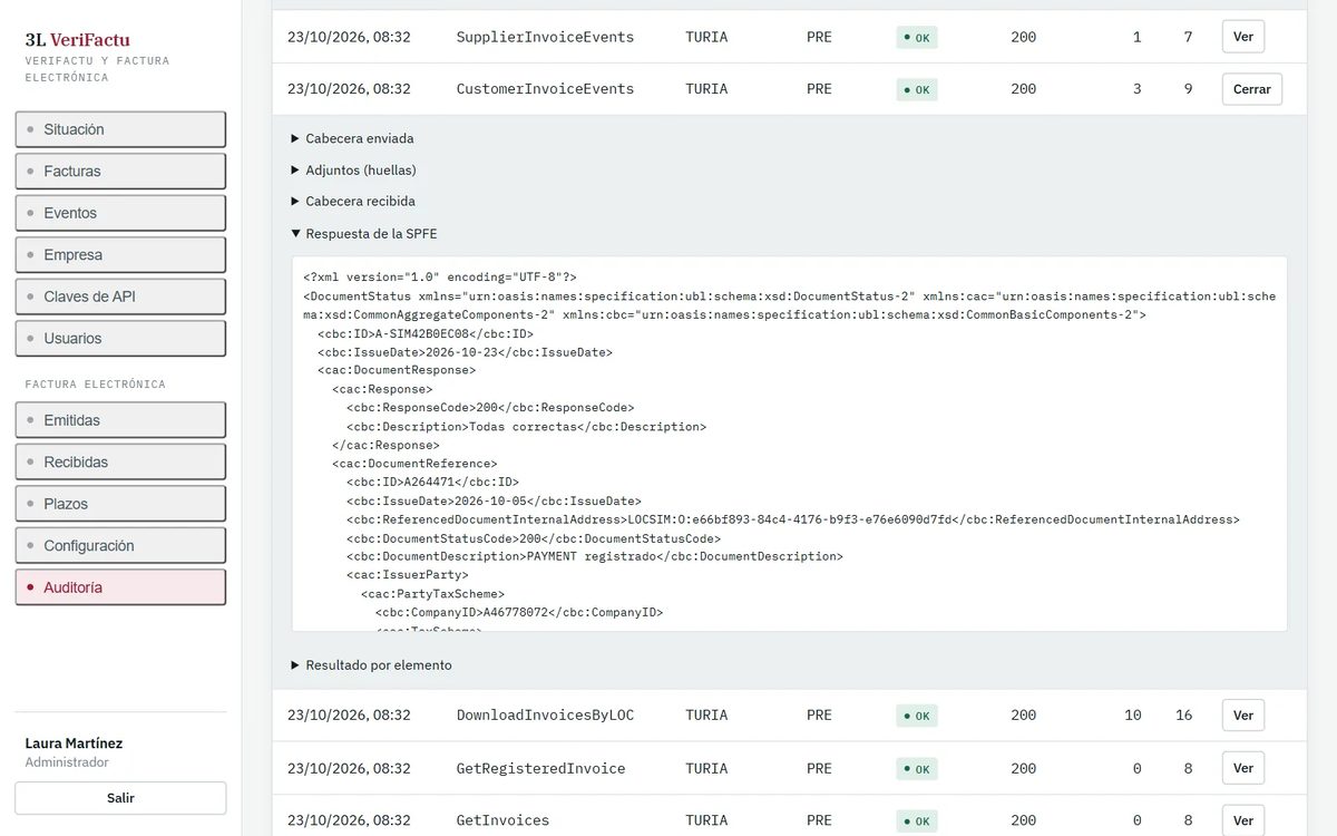 Detalle de un intercambio con la AEAT: la cabecera enviada, las huellas de los adjuntos, la cabecera recibida y la respuesta de la AEAT en XML.