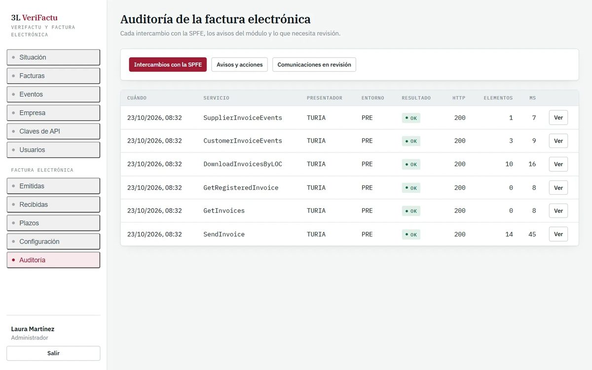 Pantalla de auditoría con los intercambios con la solución pública de la AEAT: fecha, servicio, presentador, entorno, resultado, código HTTP, número de facturas o mensajes y duración.
