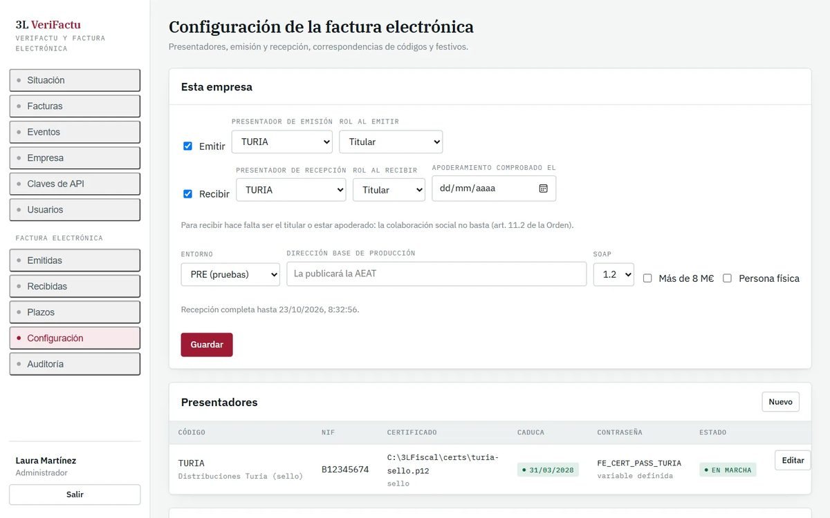 Configuración de la factura electrónica: emisión y recepción con su presentador y su rol, entorno de pruebas o producción, versión de SOAP, y la lista de presentadores con su certificado, su caducidad y la variable de su contraseña.