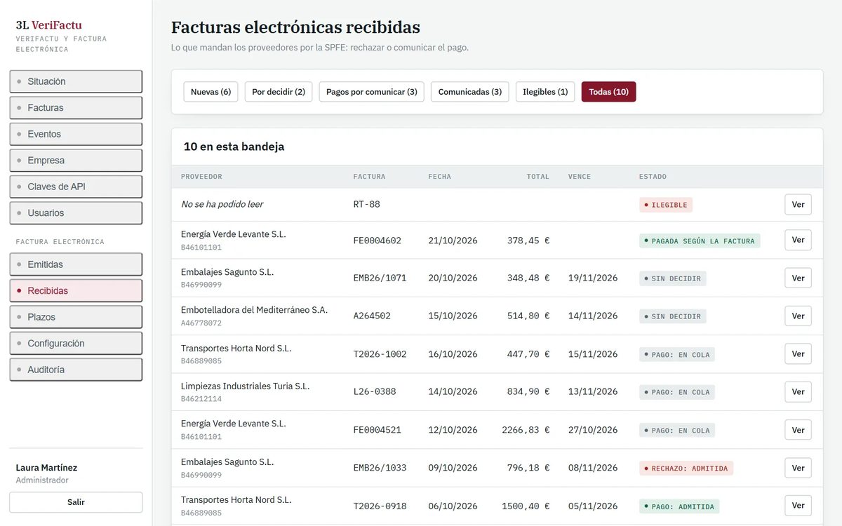 Bandeja de facturas recibidas de proveedores con sus bandejas (nuevas, por decidir, pagos por comunicar, comunicadas, ilegibles) y, por cada factura, el proveedor, el número, la fecha, el total, el vencimiento y su situación.