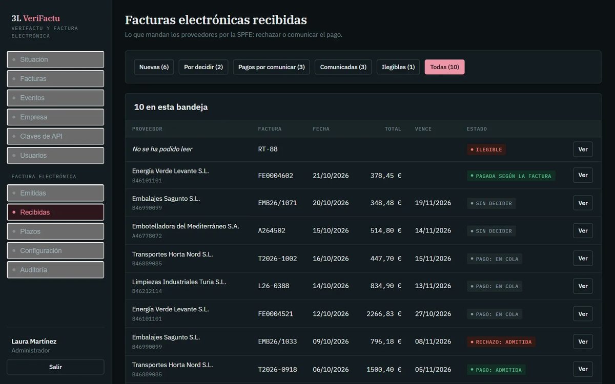 La bandeja de facturas recibidas en modo oscuro.
