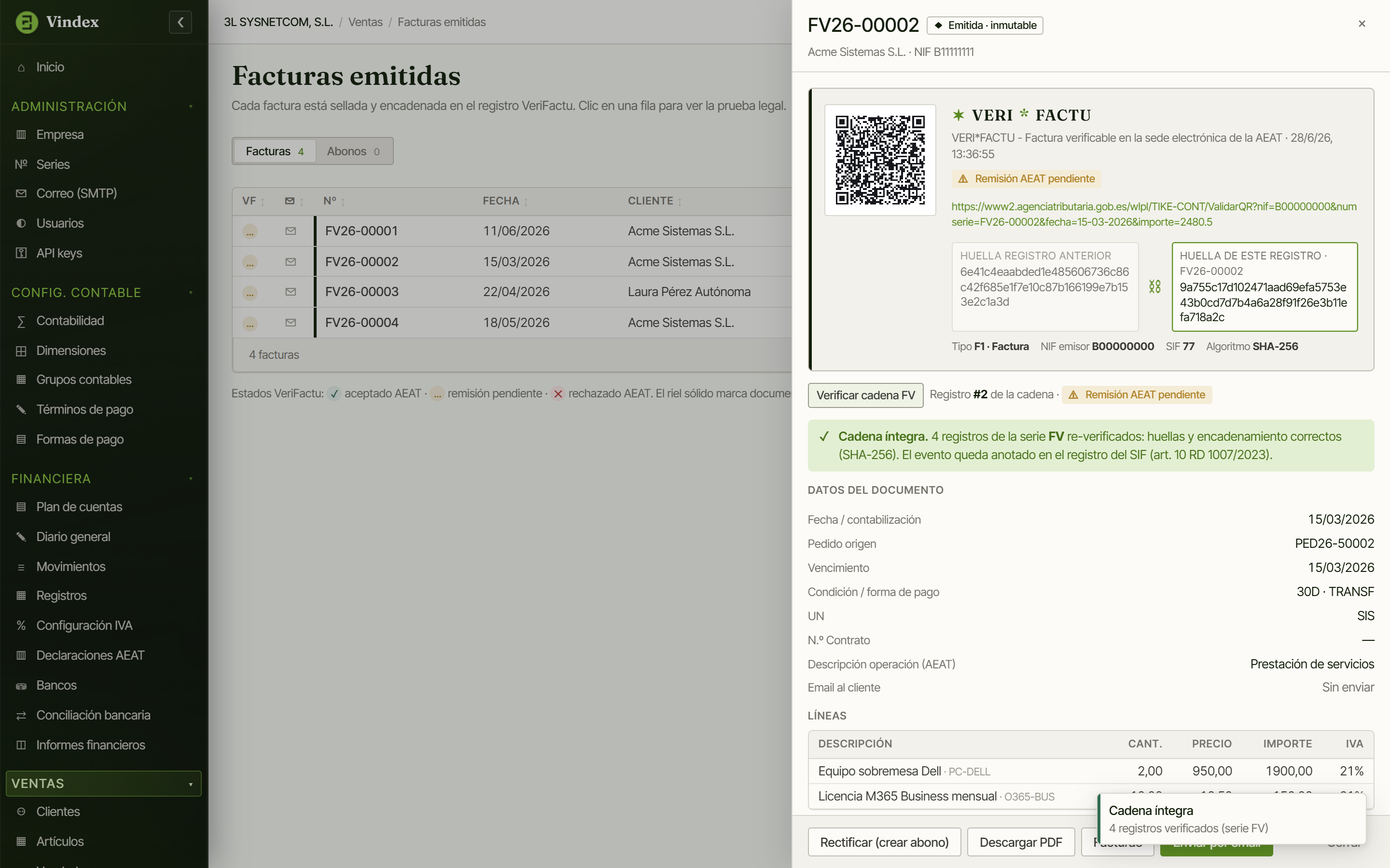 Pantalla de nuestra solución verificando la cadena de huellas: el sistema recomputa todas las huellas de la serie, confirma que el encadenamiento SHA-256 es íntegro y anota el evento en el registro del SIF.