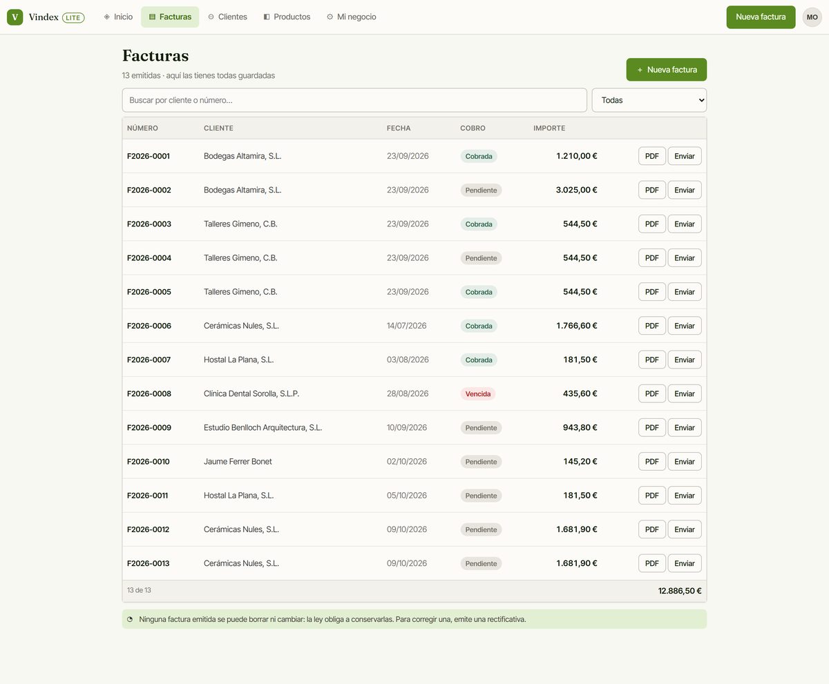 Lista de facturas emitidas en Vindex Lite con el estado de cobro de cada una
