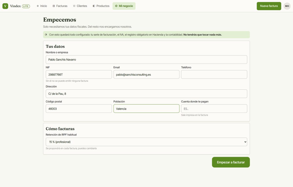 Pantalla de alta de Vindex Lite: con los datos fiscales y la retención habitual queda todo configurado