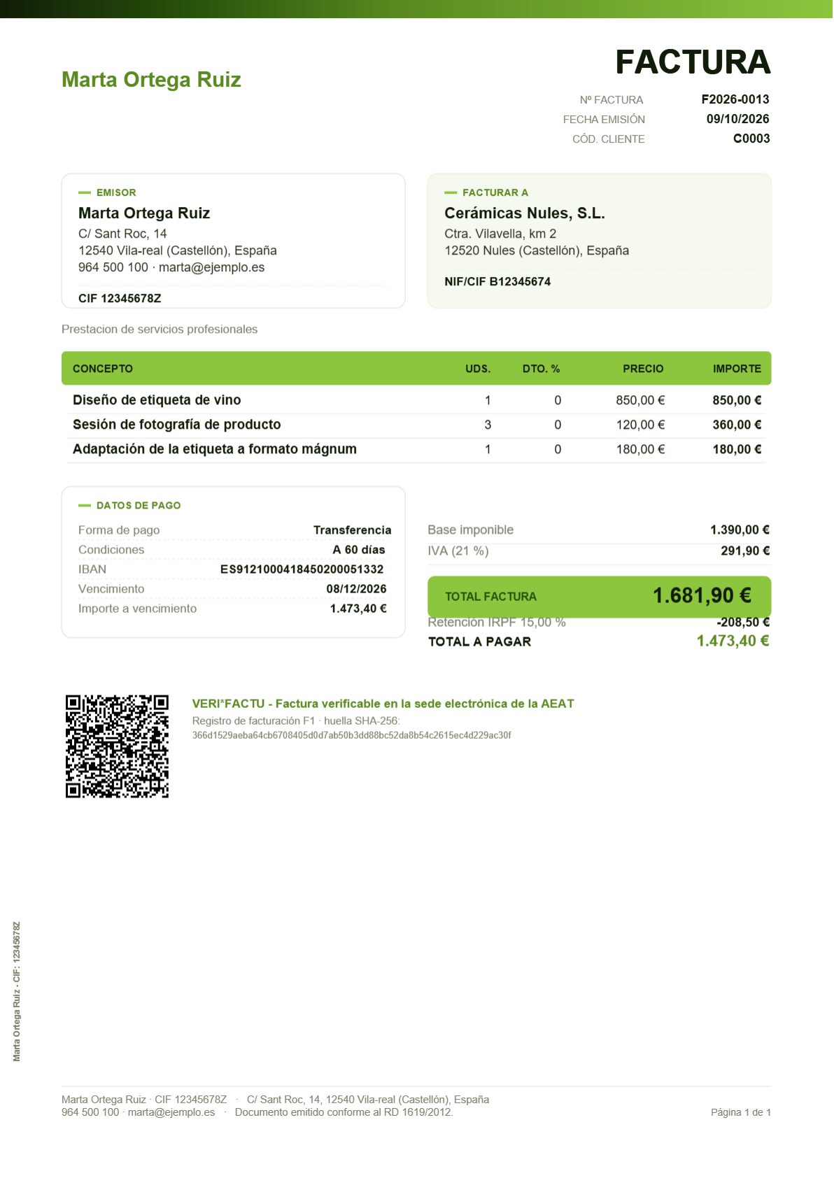 Factura en PDF generada por Vindex Lite con el código QR y la leyenda VERI*FACTU, los datos de pago y la retención de IRPF