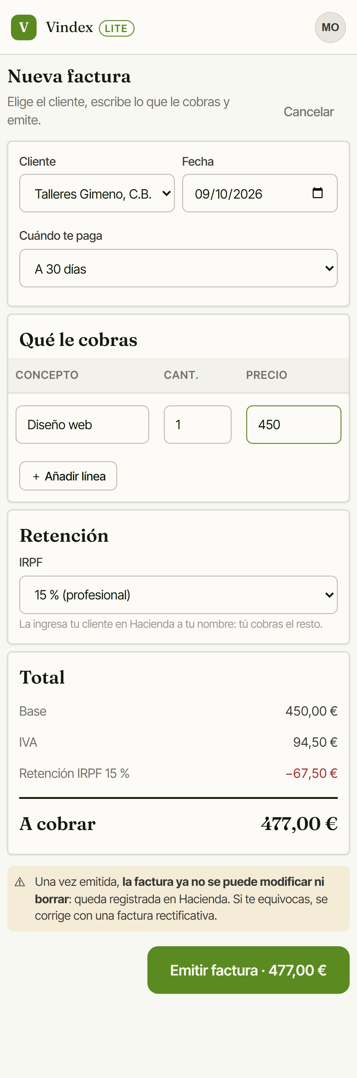Nueva factura completa en el móvil con Vindex Lite: conceptos, retención y total