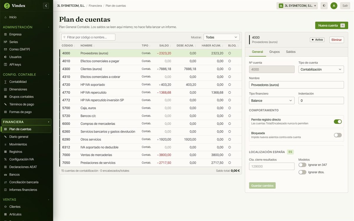 Plan de cuentas de Vindex ERP según el Plan General Contable
