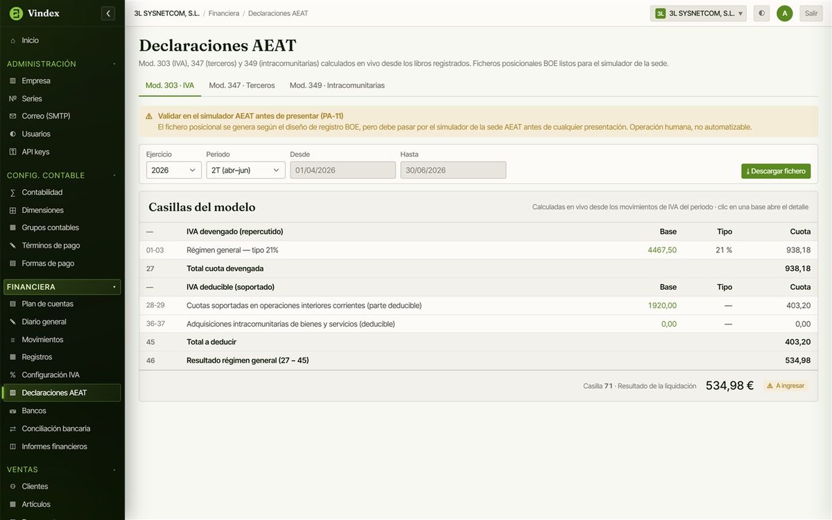 Modelos 303, 347 y 349 de la AEAT calculados en Vindex ERP con sus casillas