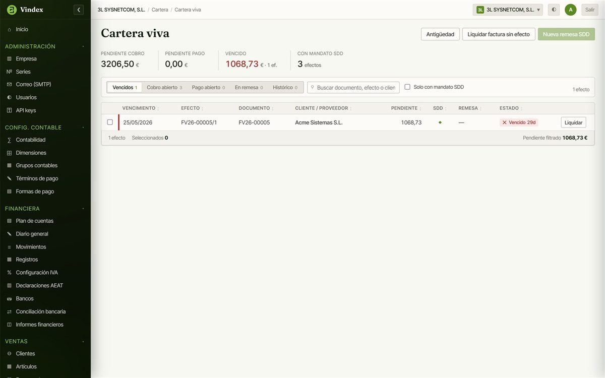 Cartera de efectos de Vindex ERP con vencimientos y domiciliaciones SEPA