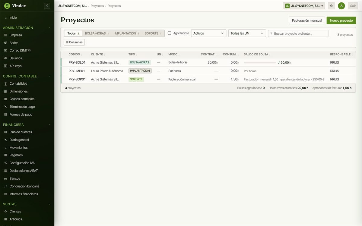 Proyectos en Vindex ERP por tipo: bolsas de horas, soporte y servicios