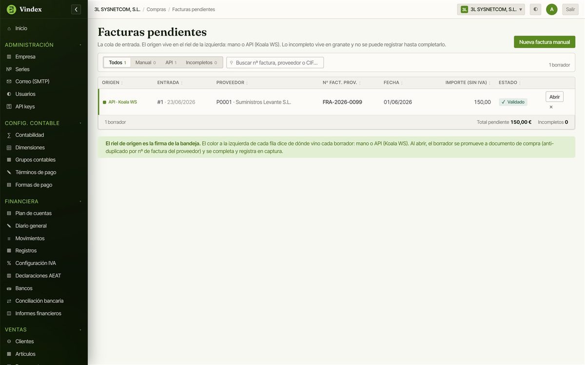 Bandeja de facturas de compra pendientes en Vindex ERP con el origen de cada una