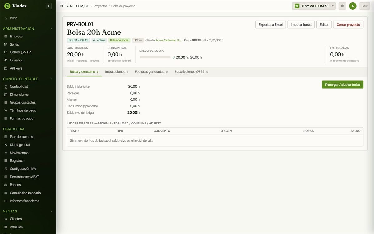 Ficha de proyecto en Vindex ERP con el saldo de la bolsa de horas y su histórico