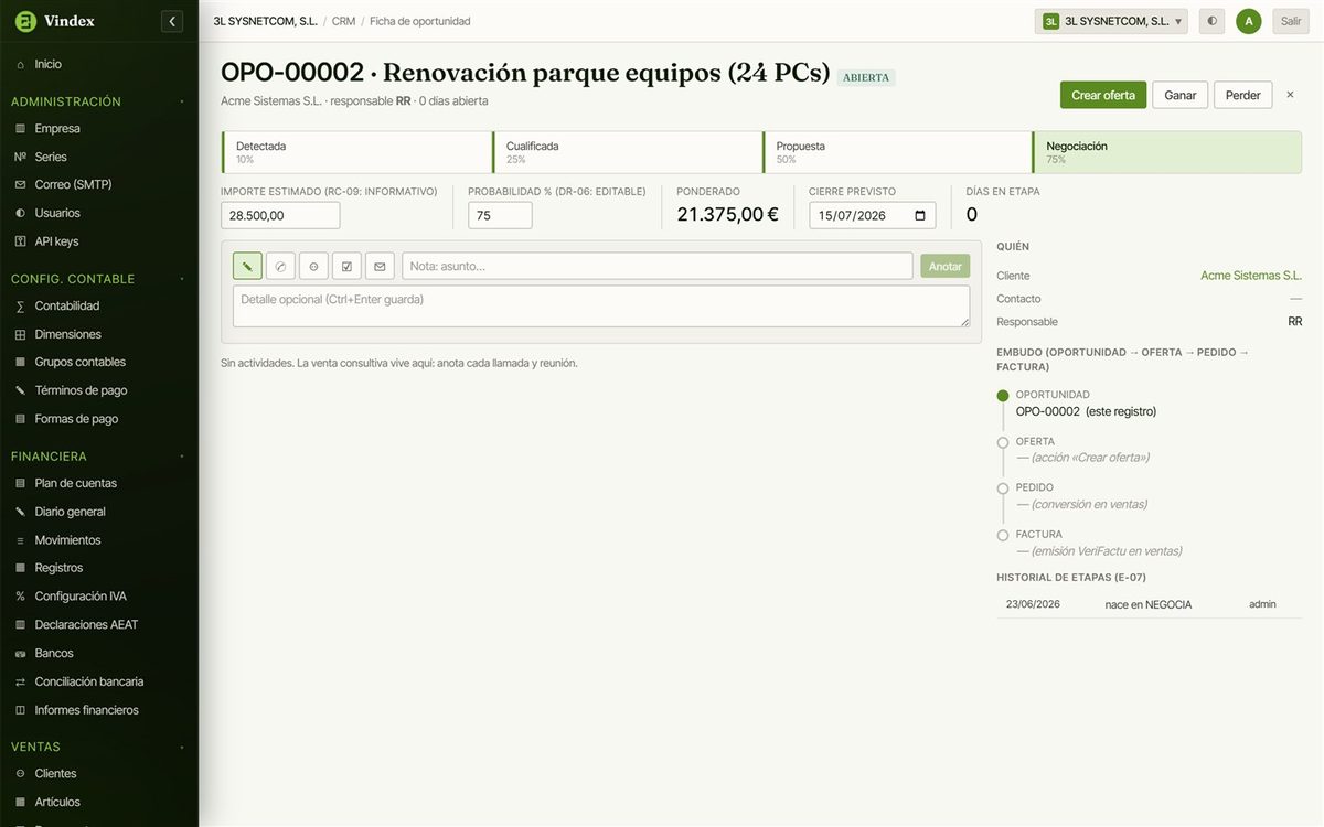 Ficha de oportunidad en Vindex ERP con el paso de oportunidad a oferta, pedido y factura