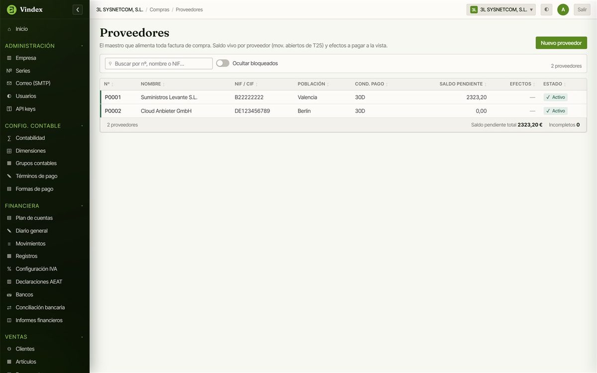 Proveedores en Vindex ERP con su saldo pendiente y condiciones de pago
